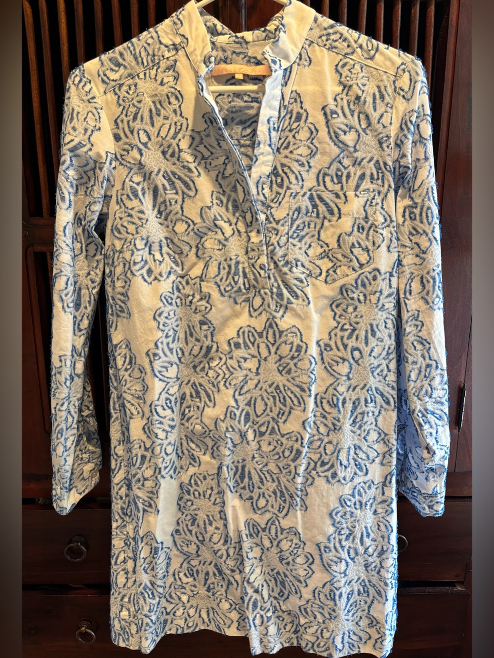Anthropologie HUTCH White Shift Dress with Blue Floral Pattern